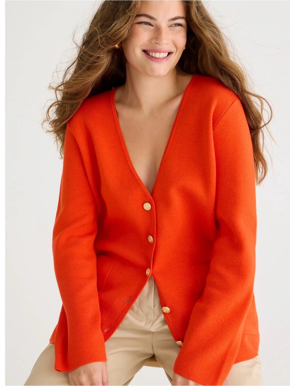 J.Crew Giselle V-Neck Sweater-Blazer Women’s Size M Orange with Gold Buttons